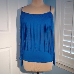 Boston Proper small bright blue fringe cold shoulder blouse
